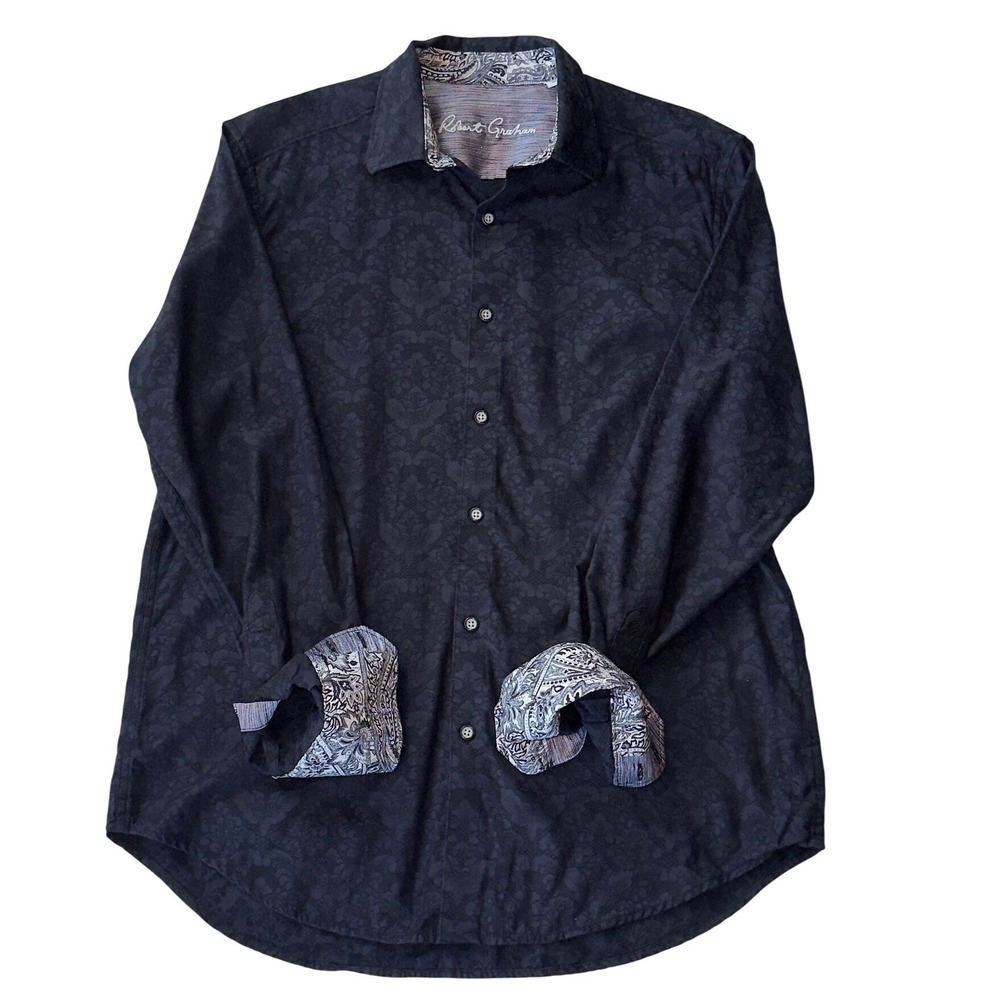 Robert Graham Shirt Men M Black Damask Jacquard Paisley Trim Classic Fit